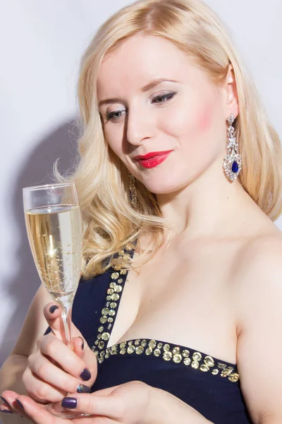 Studio Portrait Beautiful Young Blonde Woman Blue Long Evening Dress — Stock Photo, Image