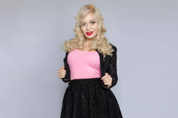 Portrait Beautiful Young Blonde Woman Black Lace Suit Girl Posing — Stock Photo, Image