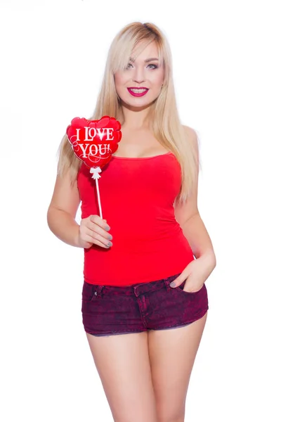 Portrait Beautiful Sexy Blonde Woman Balloon Shape Heart Red Ball — Stock Photo, Image