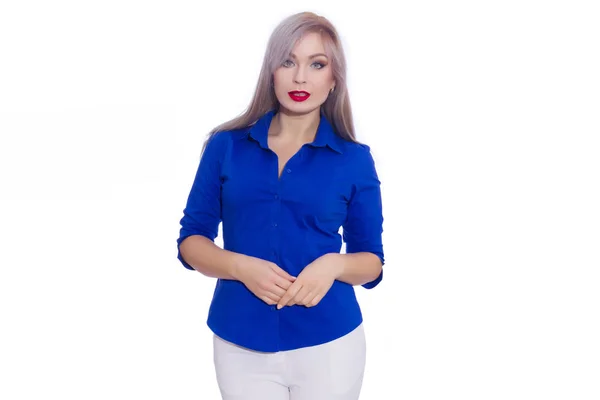 Retrato Una Joven Rubia Con Camisa Azul Oscuro Pantalón Blanco —  Fotos de Stock