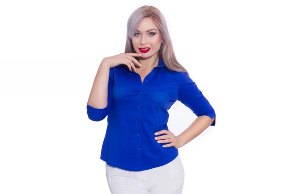 Studio Business Portrait Young Blonde Woman Dark Blue Shirt White — Stock Photo, Image