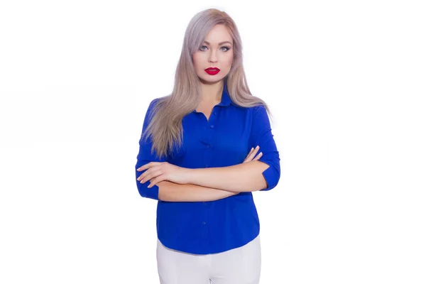 Студийный Деловой Портрет Молодой Блондинки Темно Синей Рубашке Белых Брюках — стоковое фото