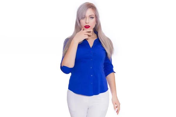 Studio Business Ritratto Una Giovane Donna Bionda Camicia Blu Scuro — Foto Stock