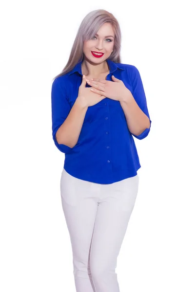 Studio Business Portrait Young Blonde Woman Dark Blue Shirt White — Stock Photo, Image
