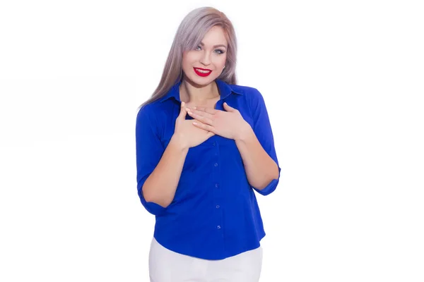 Retrato Una Joven Rubia Con Camisa Azul Oscuro Pantalón Blanco —  Fotos de Stock