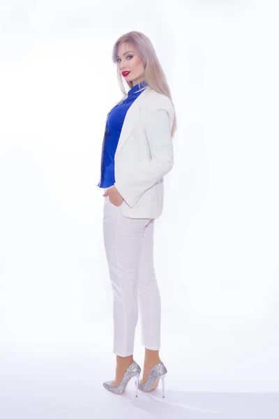 Full Length Studio Portrait Business Woman White Pants Suit Silver — Stock Photo, Image