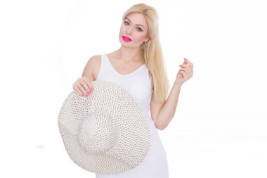 Güzel genç sarışın bir kadın şapkalı. Stüdyo. İzole et. Kavram - yaz ruh hali