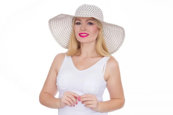 Schöne Junge Blonde Frau Mit Hut Studio Isoliert Konzept Sommerstimmung — Stockfoto