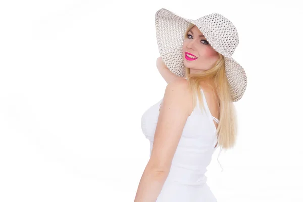 Mooie Jonge Blonde Vrouw Een Hoed Studio Isoleren Concept Zomer — Stockfoto