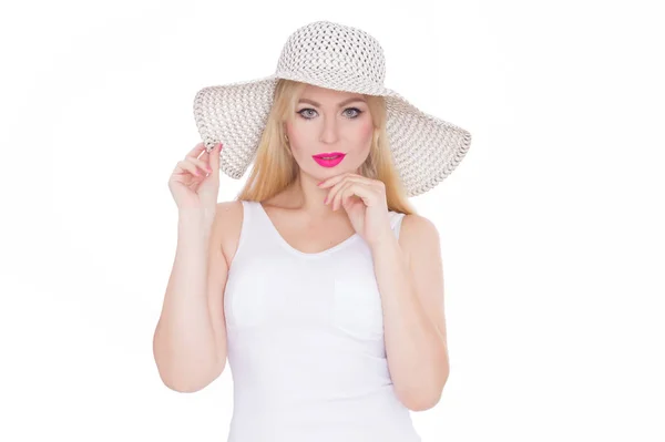 Beautiful Young Blond Woman Hat Studio Isolate Concept Summer Mood Stock Picture