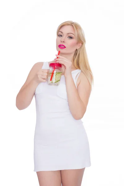 Friendly Blond Woman Holds Glass Water Lime Her Hands Girl — Stock Photo, Image