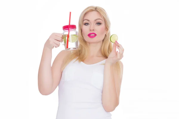 Woman White Background Holds Glass Lemonade One Hand Second Hand — Stock Photo, Image