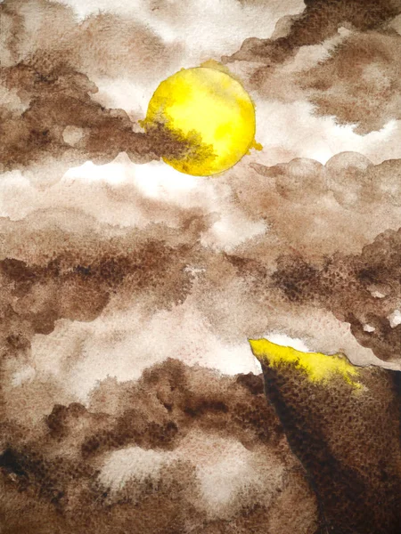 Amarelo lua cheia noite escura sépia arte abstrato aquarela pintura ilustração design mão desenho — Fotografia de Stock