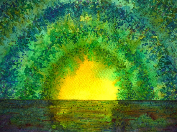 Bambu Verde Floresta Arco Túnel Sol Iluminação Aquarela Pintura Ilustração — Fotografia de Stock