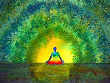 chakra color human lotus pose yoga in green tree forest tunnel, abstract world, universe inside your mind mental, watercolor painting illustration design hand drawn clipart