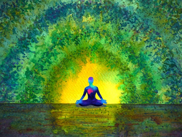 Chakra Color Human Lotus Pose Yoga Green Tree Forest Tunnel — Stock Photo, Image