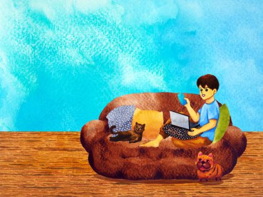 Adam evde internet eğitiminde çalışıyor e-boyayı öğreniyor, çizgi film karakteri çizimi tasarımı yapıyor.