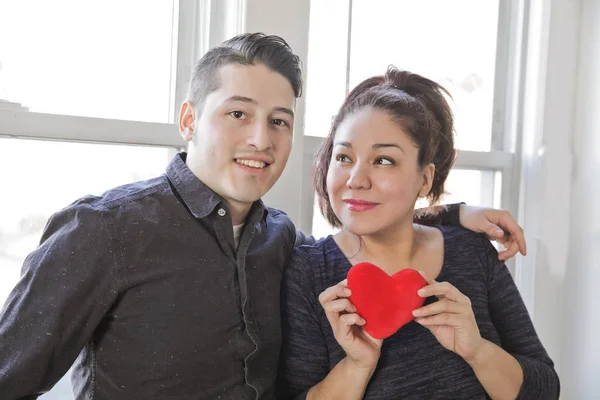 Beautiful Latin Couple Lovers Hugging Holding Heart Toy Valentine Day — Stock Photo, Image