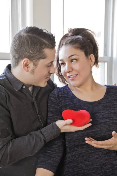 Beautiful Latin Couple Lovers Hugging Holding Heart Toy Valentine Day — Stock Photo, Image