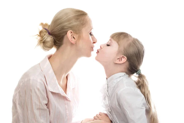 Beautiful Blonde Mother Cheerful Daughter Kissing — Stock Photo, Image