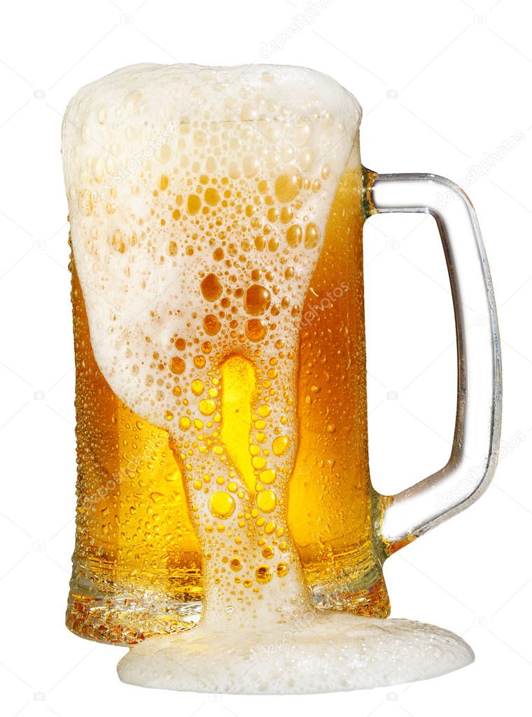 cold mug of beer with foam isolated on white background