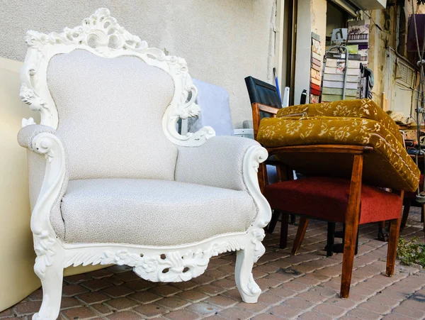Beersheba Israel February 2014 Old Ornate Armchair Upholstery Samples Entry — Stock Photo, Image