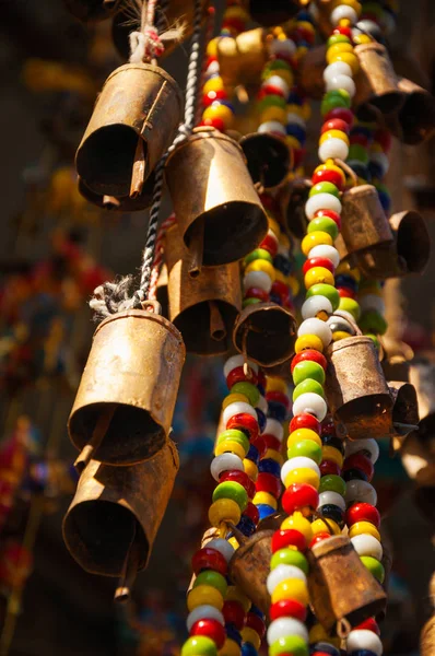 Vintage Cow Bells Colorful Bead Curtains Jaffa Flea Market Tel — Stock Photo, Image