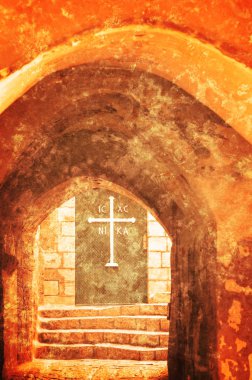 St Michael Manastırı (Tel Aviv-Yafa, İsrail) eski Jaffa içinde kemer aracılığıyla kapı görüntüleyin. Çizikler ile Retro yaşlı fotoğraf.