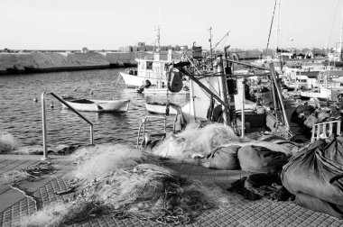 Balıkçı tekneleri eski Jaffa Port (Tel Aviv-Yafa, İsrail). Balık ön plan net tarih seçici odak.