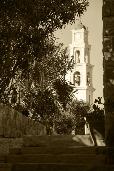 Pohled Petra Kostela Zvonice Úzké Uličky Old Jaffa Tel Aviv — Stock fotografie