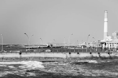 Tel Aviv Limanı - yerli halk ve turistler için popüler eğlence ve ticari alan. (Tel Aviv- Yafo, İsrail). Siyah beyaz fotoğraf.