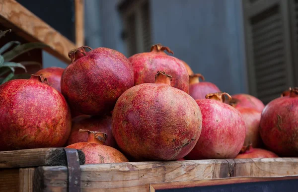 Organic Bio Pomegranate Fruits Wooden Boxes Farmers Market Pomegranate One — Stock Photo, Image