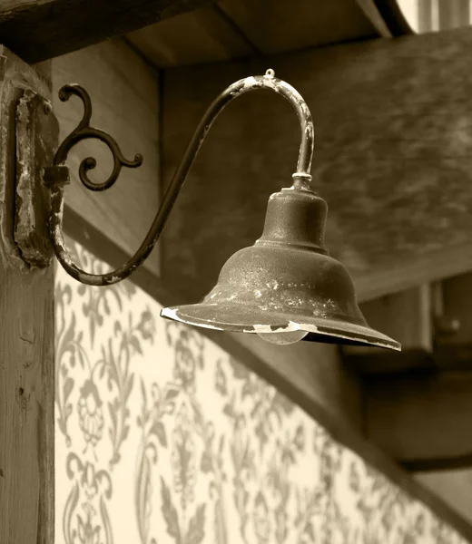 Weathered Vintage Lamp Wall Abandoned Cafe Sepia Photo — Stock Photo, Image