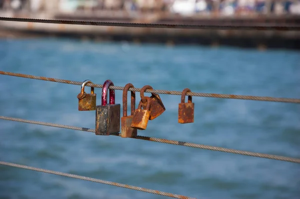 Rusty Love Locks Attached Railing Tel Aviv Port Israel Old — Stock Photo, Image