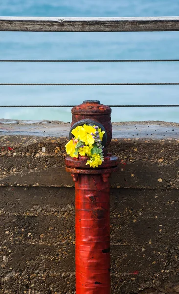 Hidrante Grungy Vermelho Cais Pedra Velho Com Buquê Colorido Mar — Fotografia de Stock