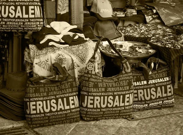 Jerusalem Israel February 2014 Bags Hats Jerusalem Inscription Sale Market — Stock Photo, Image