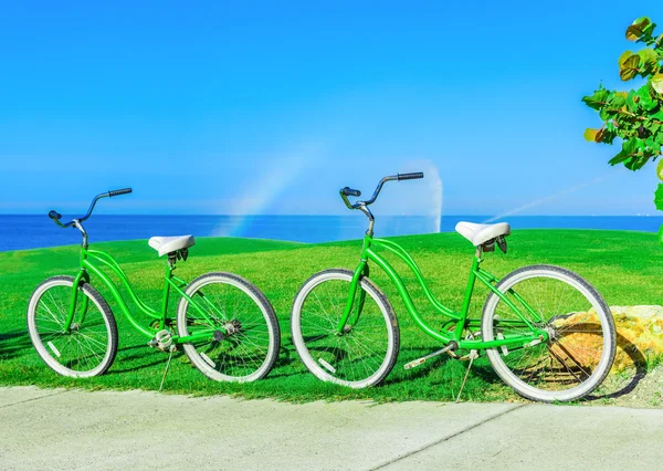 Bicicleta é um prado verde — Fotografia de Stock