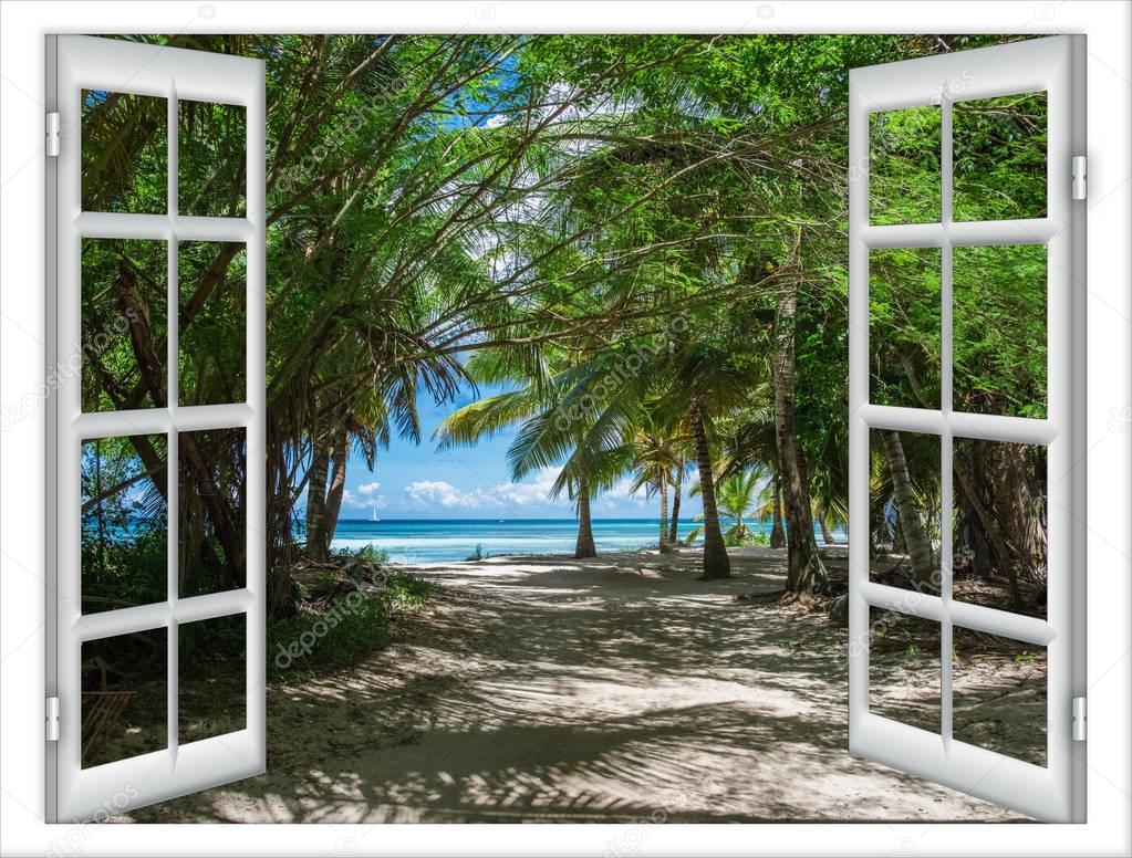 Window with a view of green tree sea by bright sunshine Stock Photo by