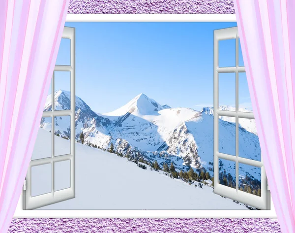 Vita fönster med utsikt över topparna av snöiga berg — Stockfoto
