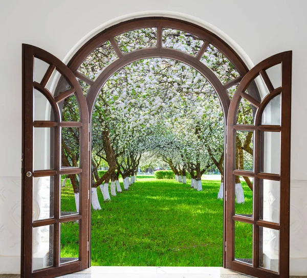 Öppna dörren arch trädgård blommar på våren — Stockfoto