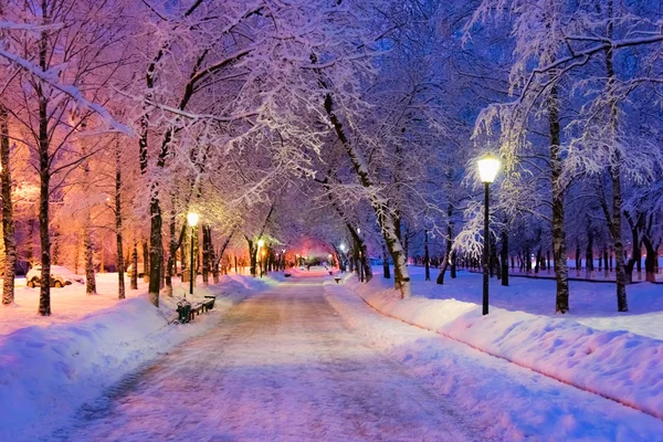 Callejón noche lámpara invierno — Foto de Stock