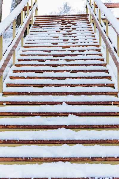 Kışın en dibe inen tahta merdiven. — Stok fotoğraf