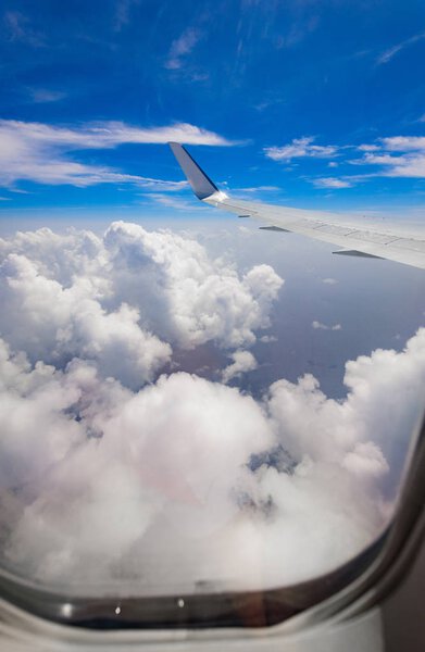 view of the wing of an airplane through the window