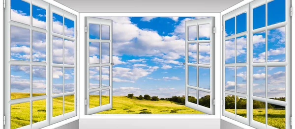Paisagem natureza com janela com cortinas — Fotografia de Stock