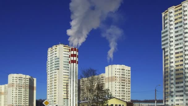 Smoke Chimney Factory Frosty Winter Background Blue Sky Ecology Mud — Stock Video