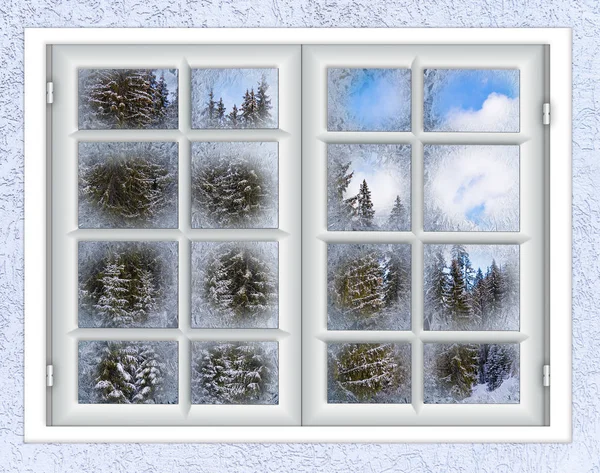 The window is covered with ice frost — Stock Photo, Image