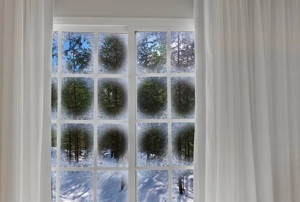 Vista a través de una ventana de paisaje congelado — Foto de Stock