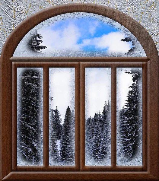 Vista a través de una ventana de paisaje congelado — Foto de Stock