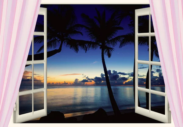 open window with sea sunset view