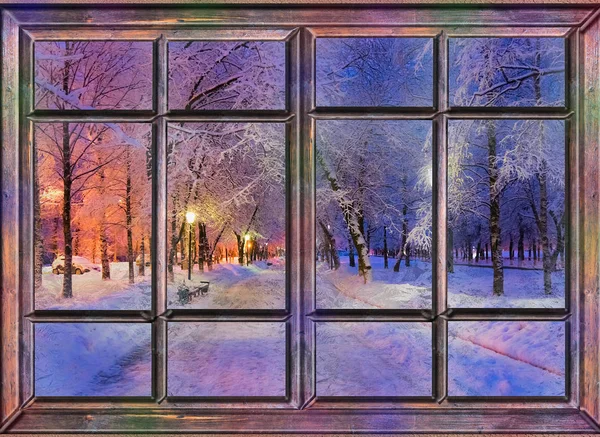 Frozen window view the night before christmas — Stock Photo, Image
